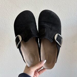 Madden Girl Black Suede Mules with Silver Buckle